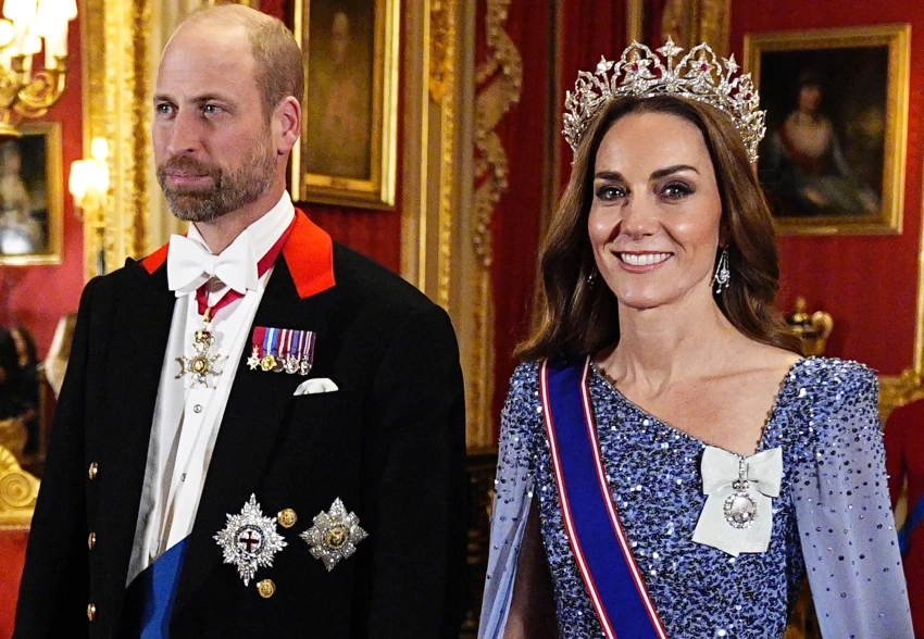 Кейт Миддлтон в редкой тиаре, принц Уильям, Клаудия Шиффер, король Карл III и королева Камилла на банкете в Виндзоре